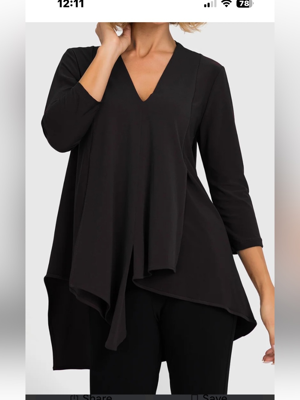 Joseph Ribkoff Black Draped V-Neck Tunic shark bite hem